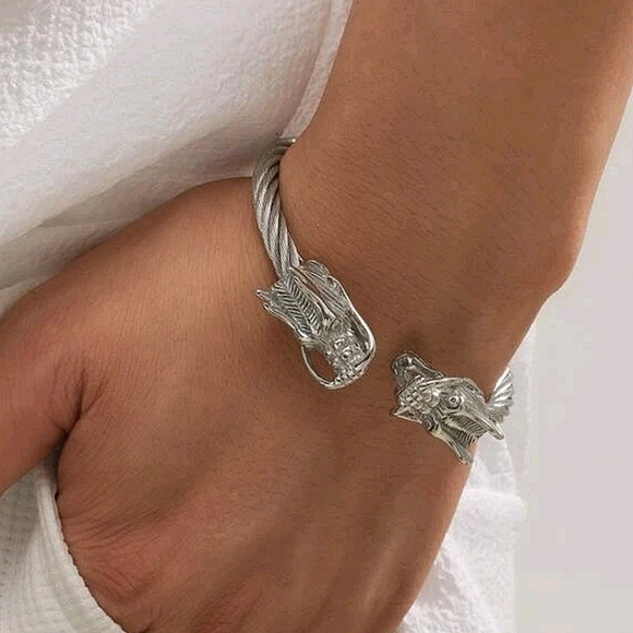 Dragon Viking Sterling Silver Plated Stainless Steel Bangle Cuff Bracelet - Picture 3 of 16